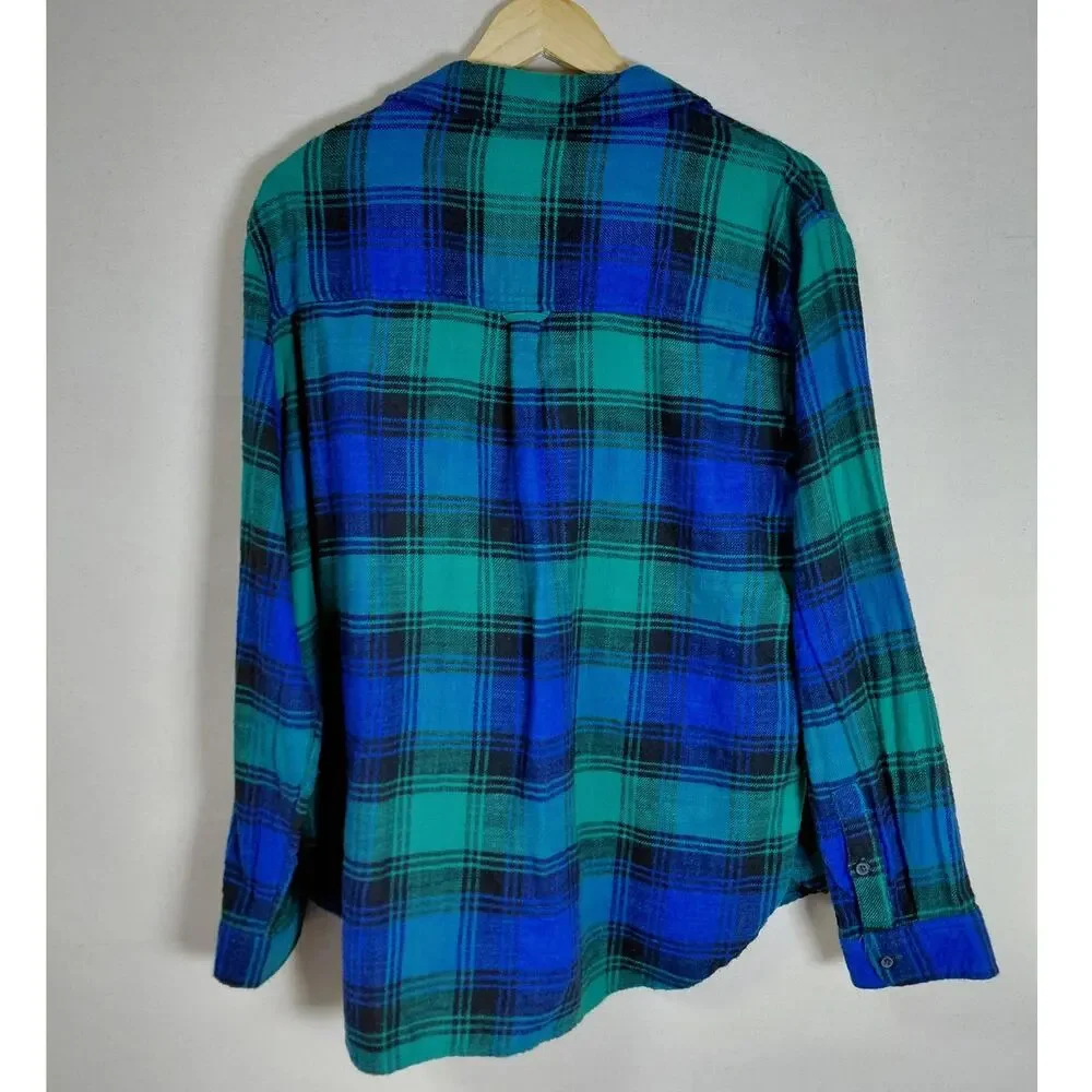 American Eagle Collared Blue Plaid Flannel Button-Up Shirt Women Size M